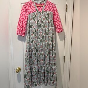 Zara Pink and White Printed Dress with Green Trim